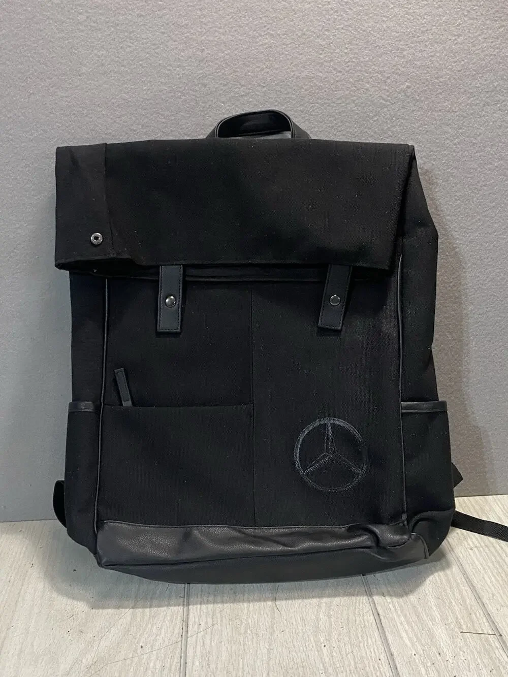 Mercedes Benz Black Canvas Backpack Laptop Bag Leather Bottom Side Drink Pockets